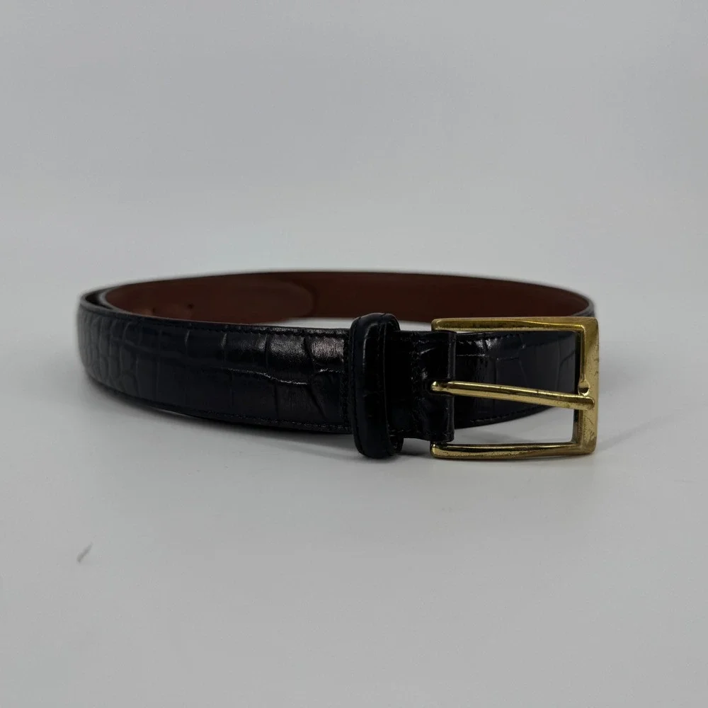 Bobby Jones Mens Black Croc Embossed Calfskin Leather Belt Size 34 Gold Brass